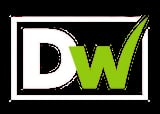 DW logo with white D and lime green W letters inside a white rectangular border on black background